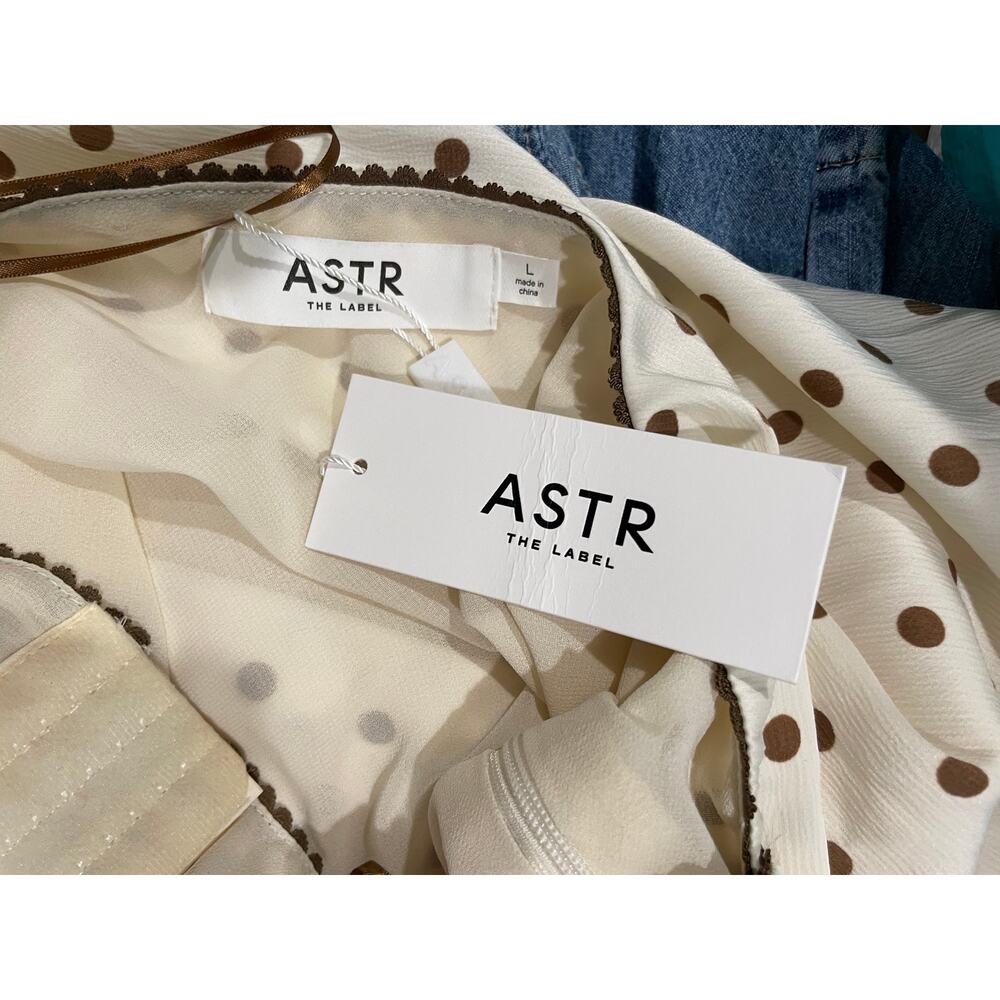 NWT ASTR the Label Satin Bow Trim Polka Dot Mini Dress White/Brown Womens Size L - Picture 6 of 6